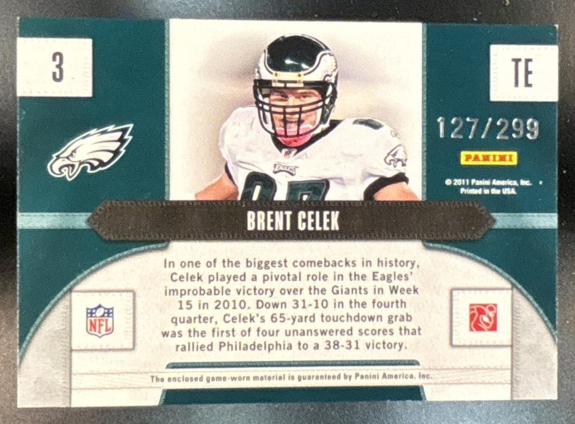 2011 Panini Threads Brent Celek Game Day Jerseys /299 #3 MEM Philadelphia Eagles