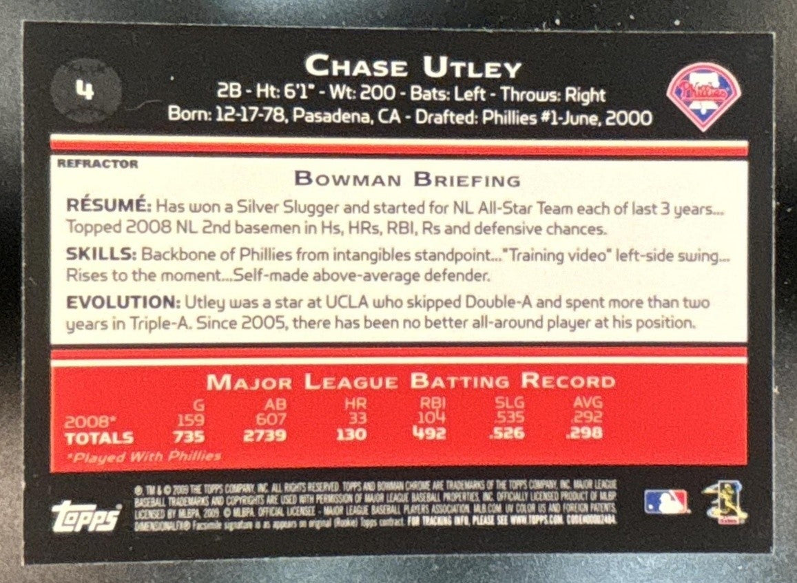 2009 Bowman Chrome Chase Utley Refractor #4 Philadelphia Phillies