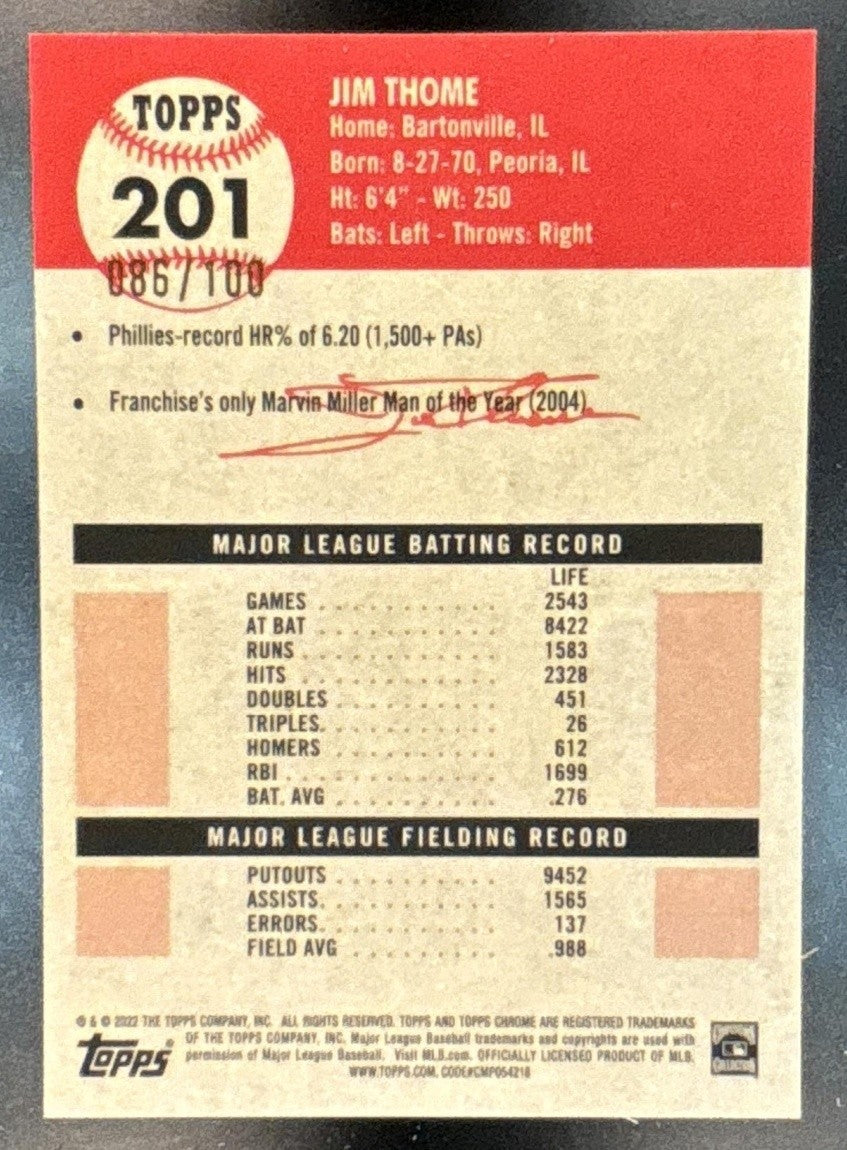 2022 Topps Chrome Platinum Anniversary Jim Thome Red Atomic /100 #201 Phillies
