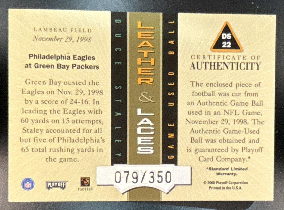 2000 Playoff Absolute Duce Staley Leather and Laces /350 MEM Philadelphia Eagles