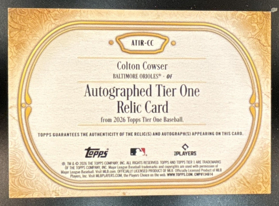 2026 Topps Tier One Colton Cowser Auto Relic /199 #AT1R-CC MEM Baltimore Orioles