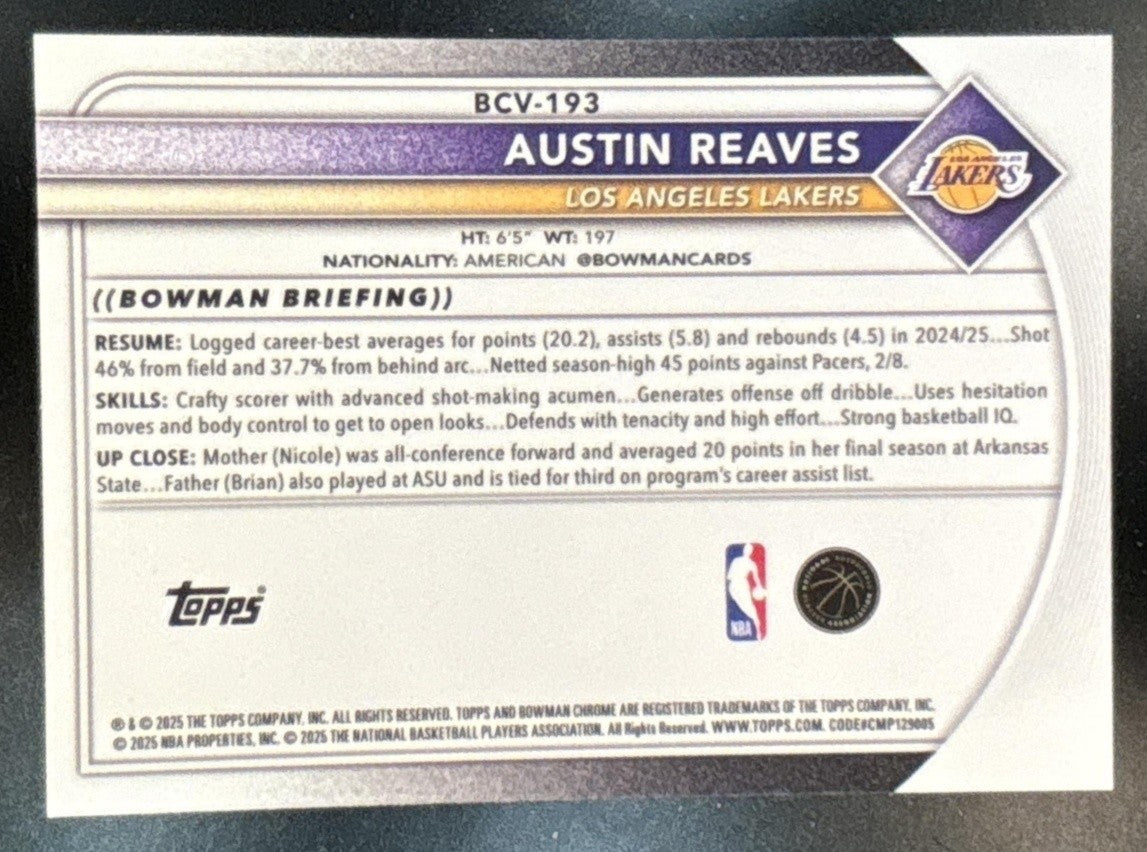 2025-26 Bowman Austin Reaves Chrome Mojo Refractor #BCV-193 Los Angeles Lakers