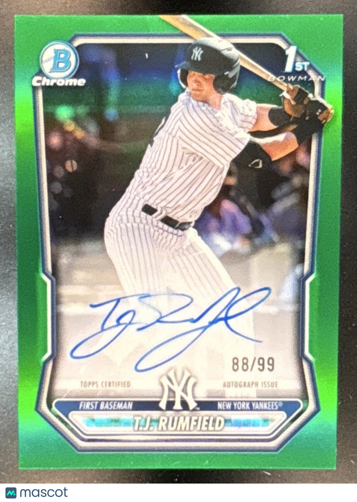 2026 Bowman T.J. Rumfield Chrome Auto Green Refractor /99 1st Prospect Yankees