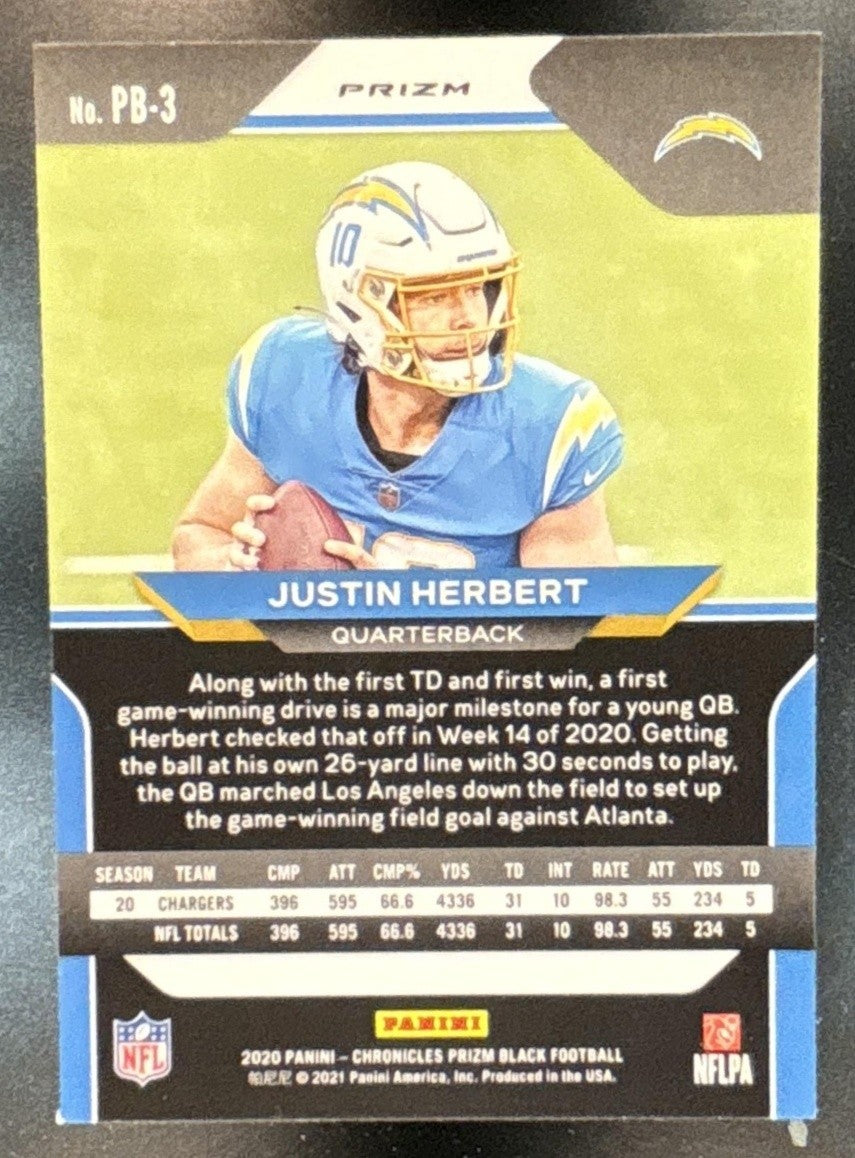 2020 Panini Chronicles Justin Herbert Prizm Black Silver RC Los Angeles Chargers