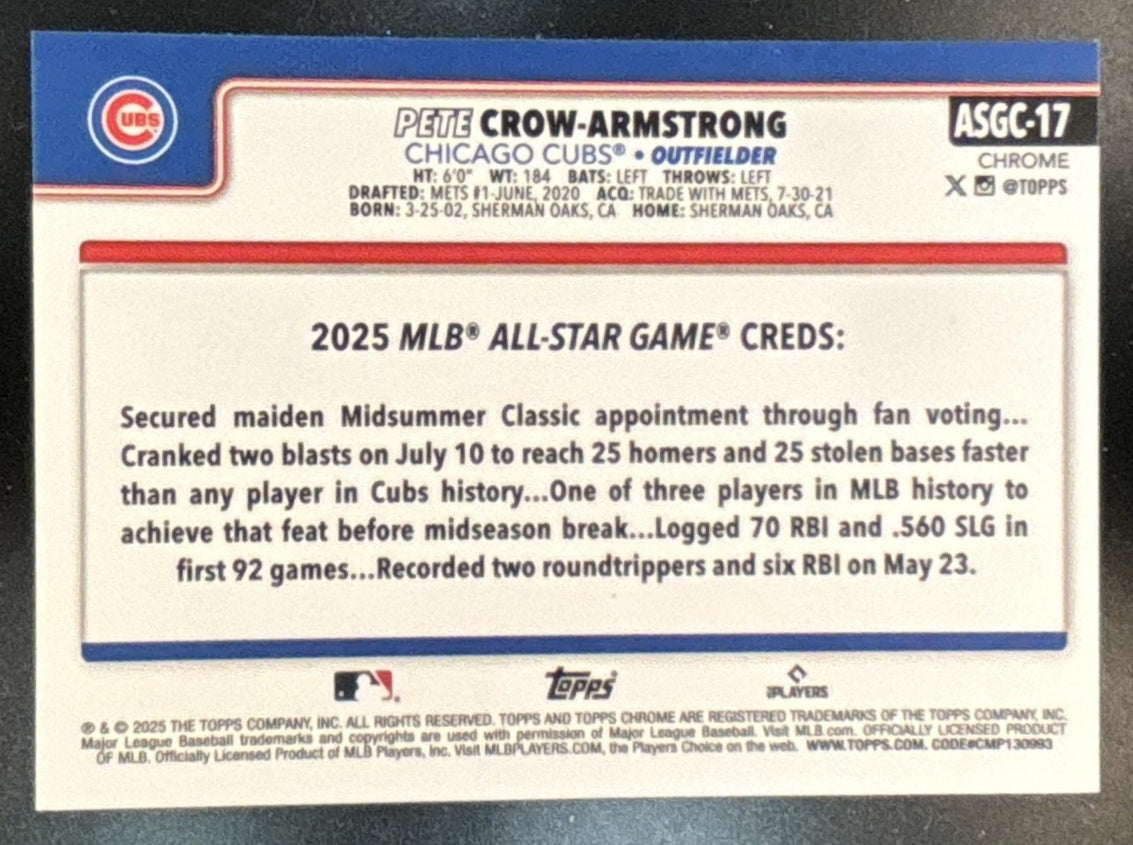 2025 Topps Chrome Update Pete Crow-Armstrong All-Star Game #ASGC-17 Chicago Cubs