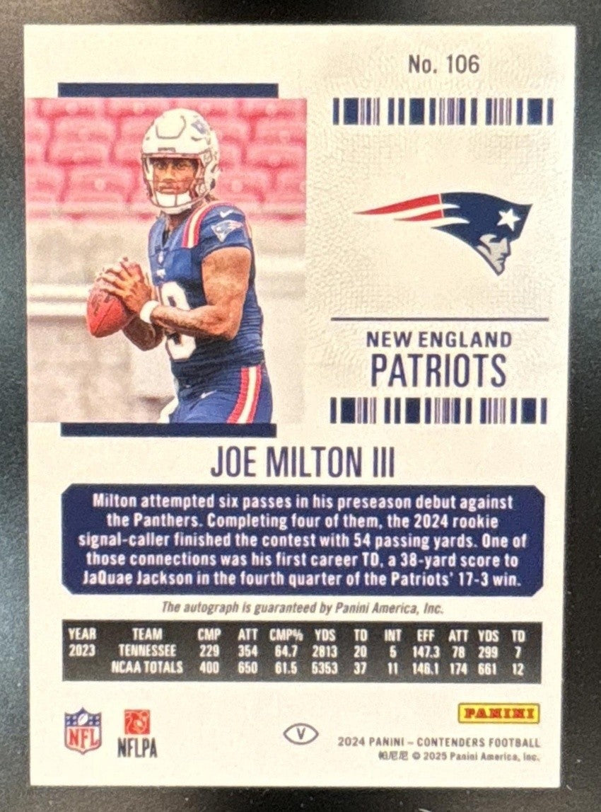 2024 Contenders Joe Milton III RPS Auto Red Zone FOTL #106 RC Patriots