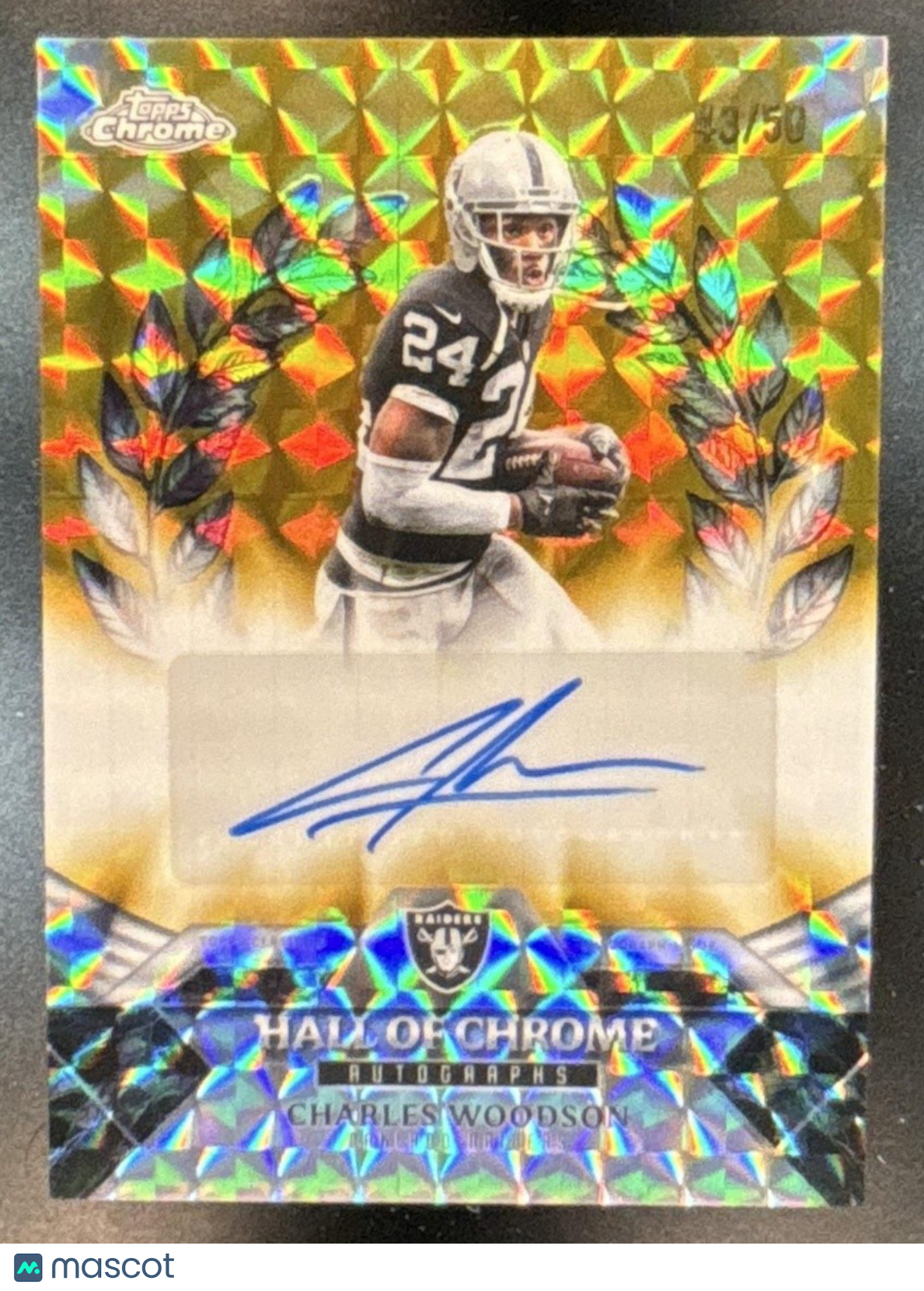 2025 Topps Chrome Charles Woodson Hall of Auto Gold Geometric /50 Raiders