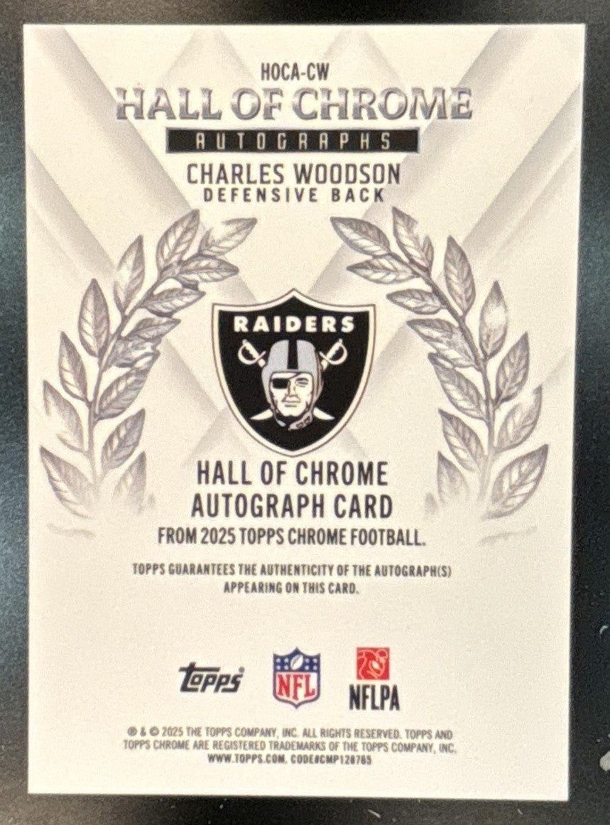 2025 Topps Chrome Charles Woodson Hall of Auto Gold Geometric /50 Raiders