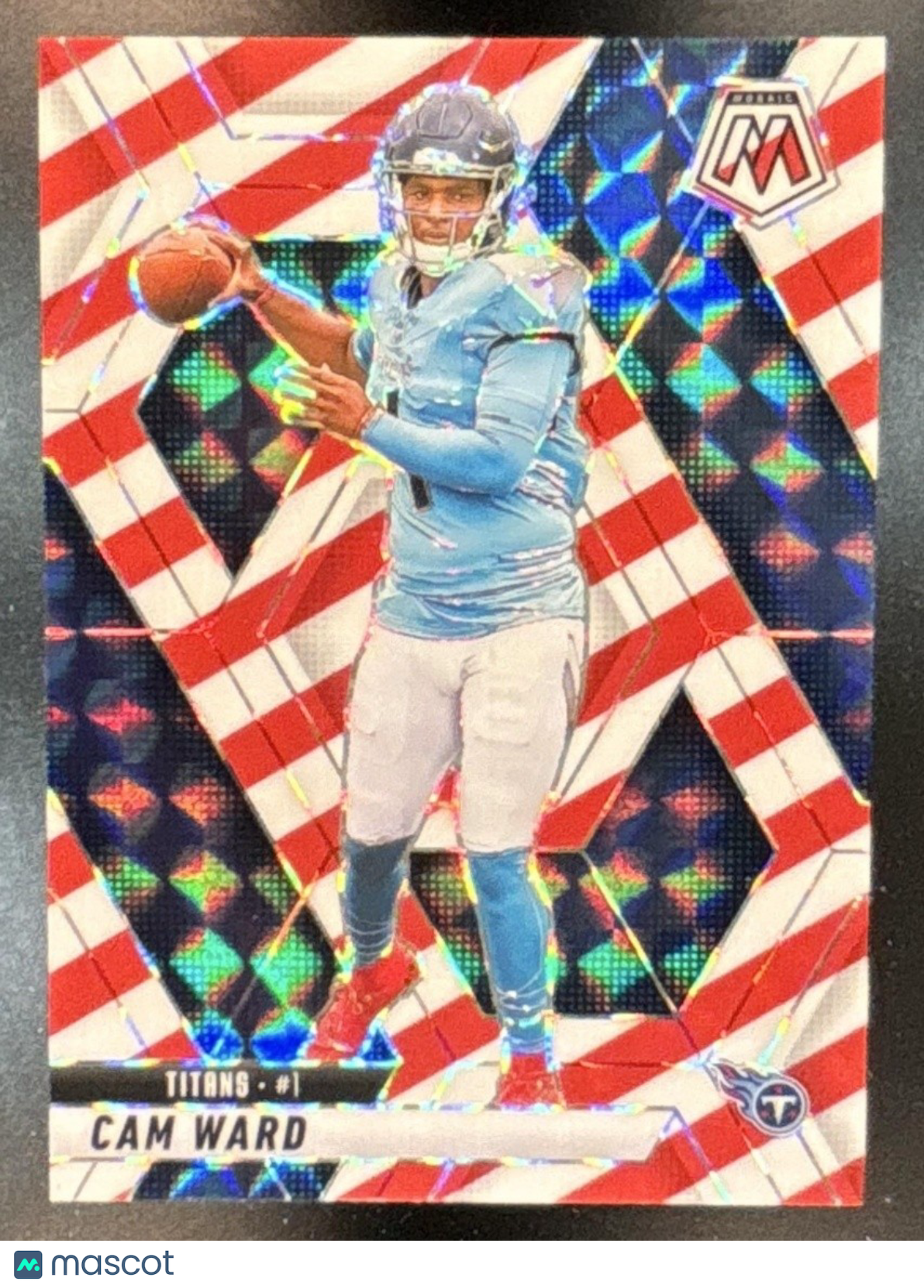 2025 Mosaic Cam Ward Red and White Stripe Prizm #382 RC Tennessee Titans