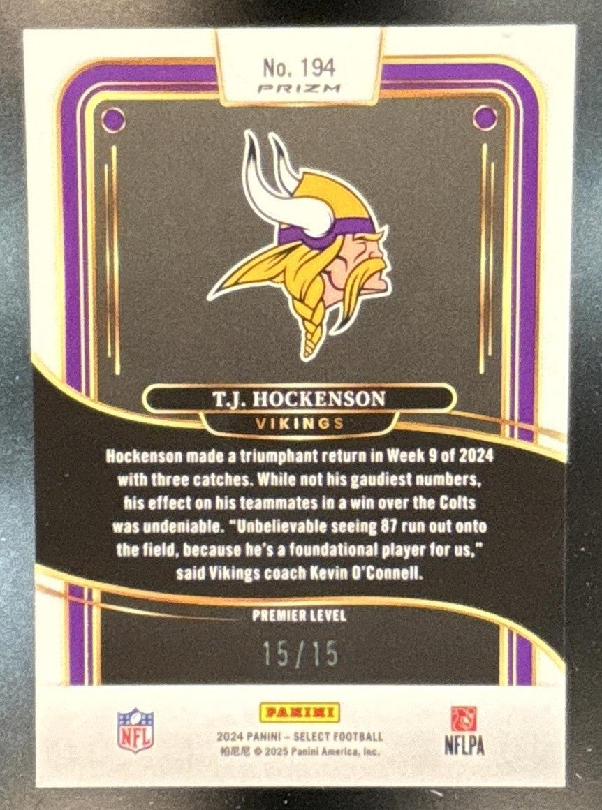 2024 Panini Select T.J. Hockenson Pink Glitter 15/15 #194 Minnesota Vikings