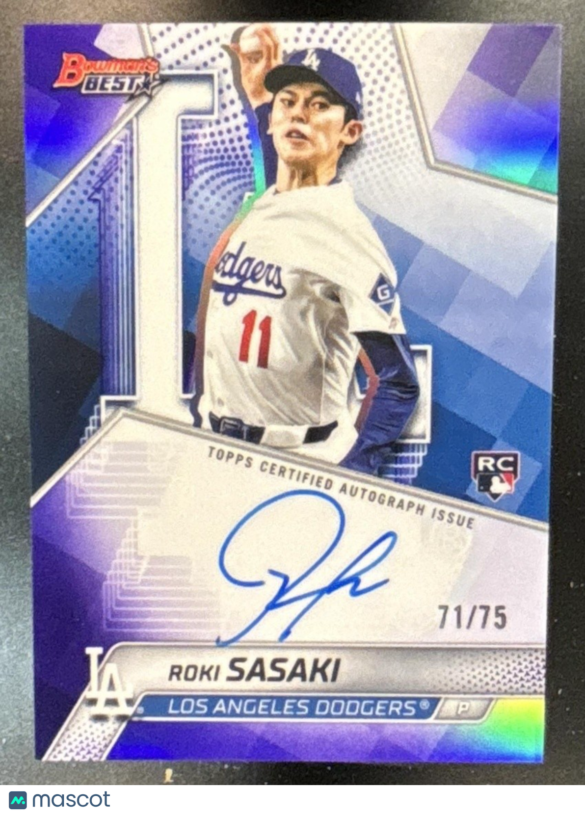 2025 Bowman's Best Roki Sasaki Best of 2025 Auto Purple Refractor /75 RC Dodgers