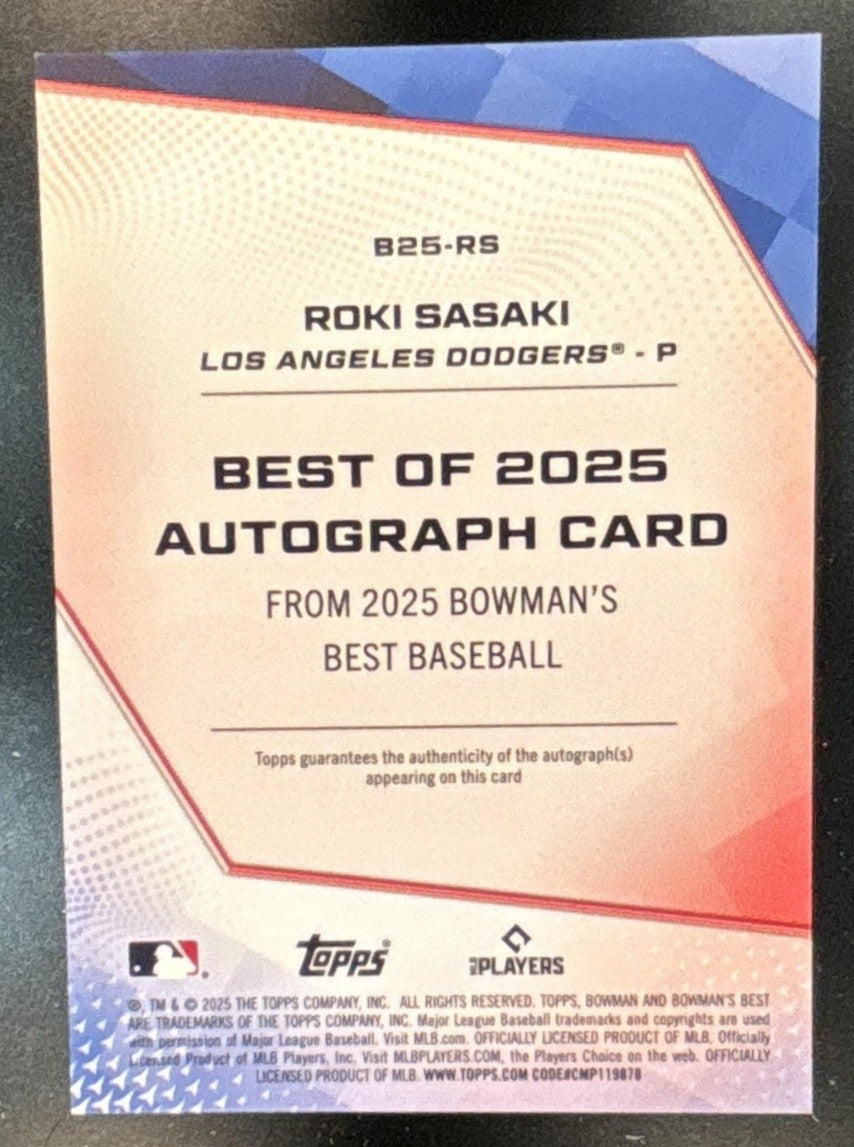 2025 Bowman's Best Roki Sasaki Best of 2025 Auto Purple Refractor /75 RC Dodgers
