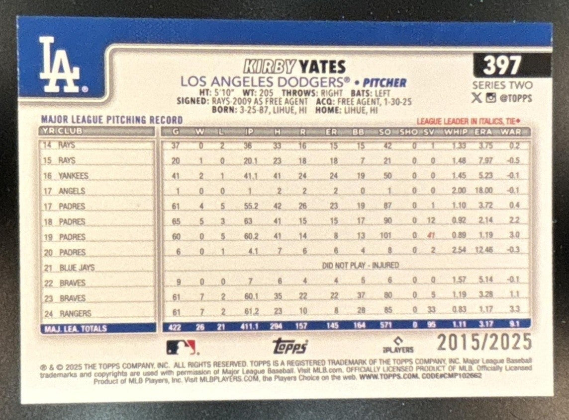 2025 Topps Kirby Yates Gold /2025 #397 Los Angeles Dodgers