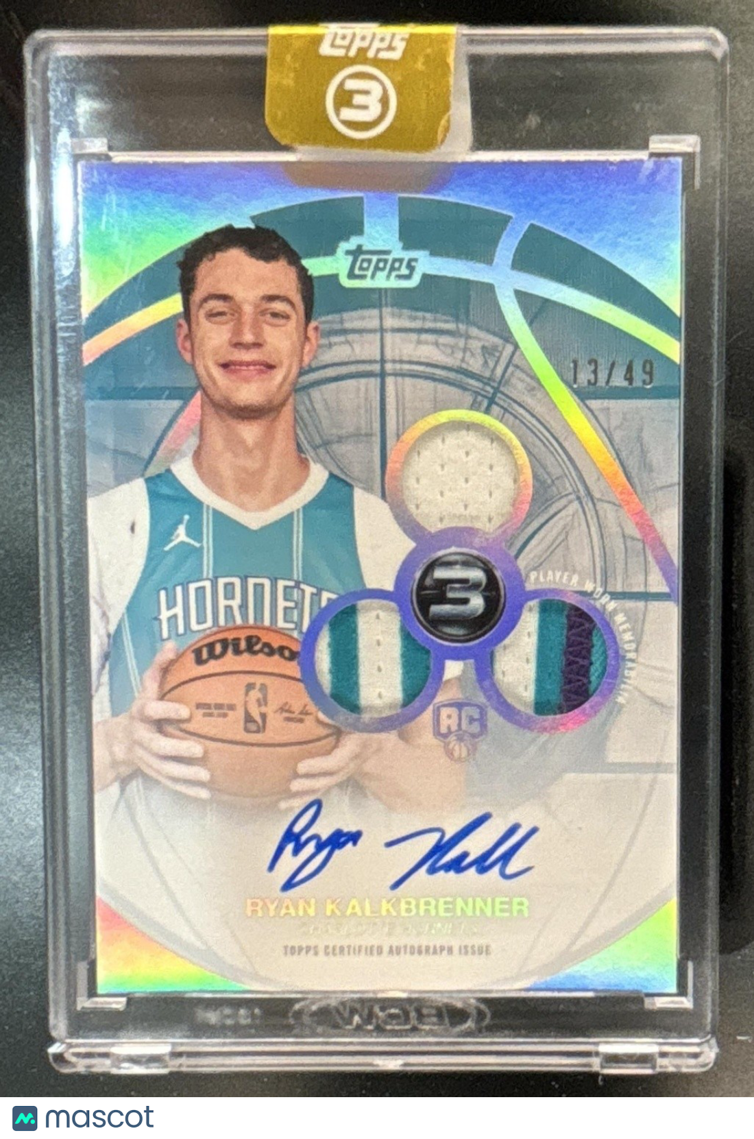 2025-26 Topps Three Ryan Kalkbrenne 3 Patch Vertical Auto /49 MEM RC Hornets