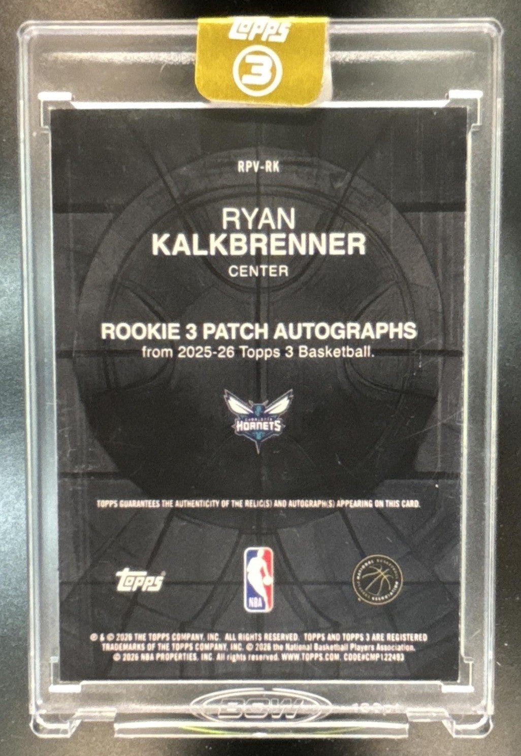 2025-26 Topps Three Ryan Kalkbrenne 3 Patch Vertical Auto /49 MEM RC Hornets