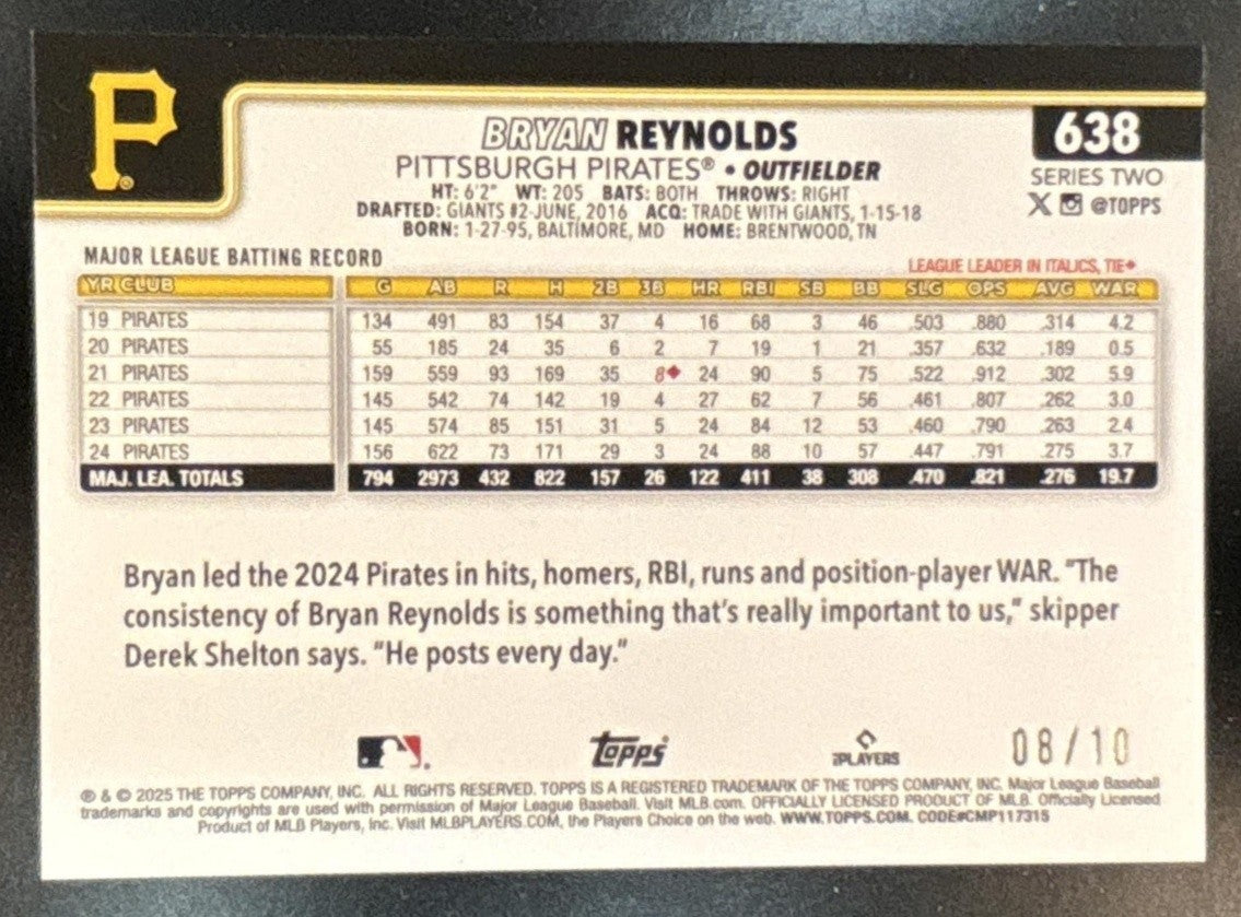 2025 Topps Bryan Reynolds Big Apple Black Foil /10 #638 Pittsburgh Pirates