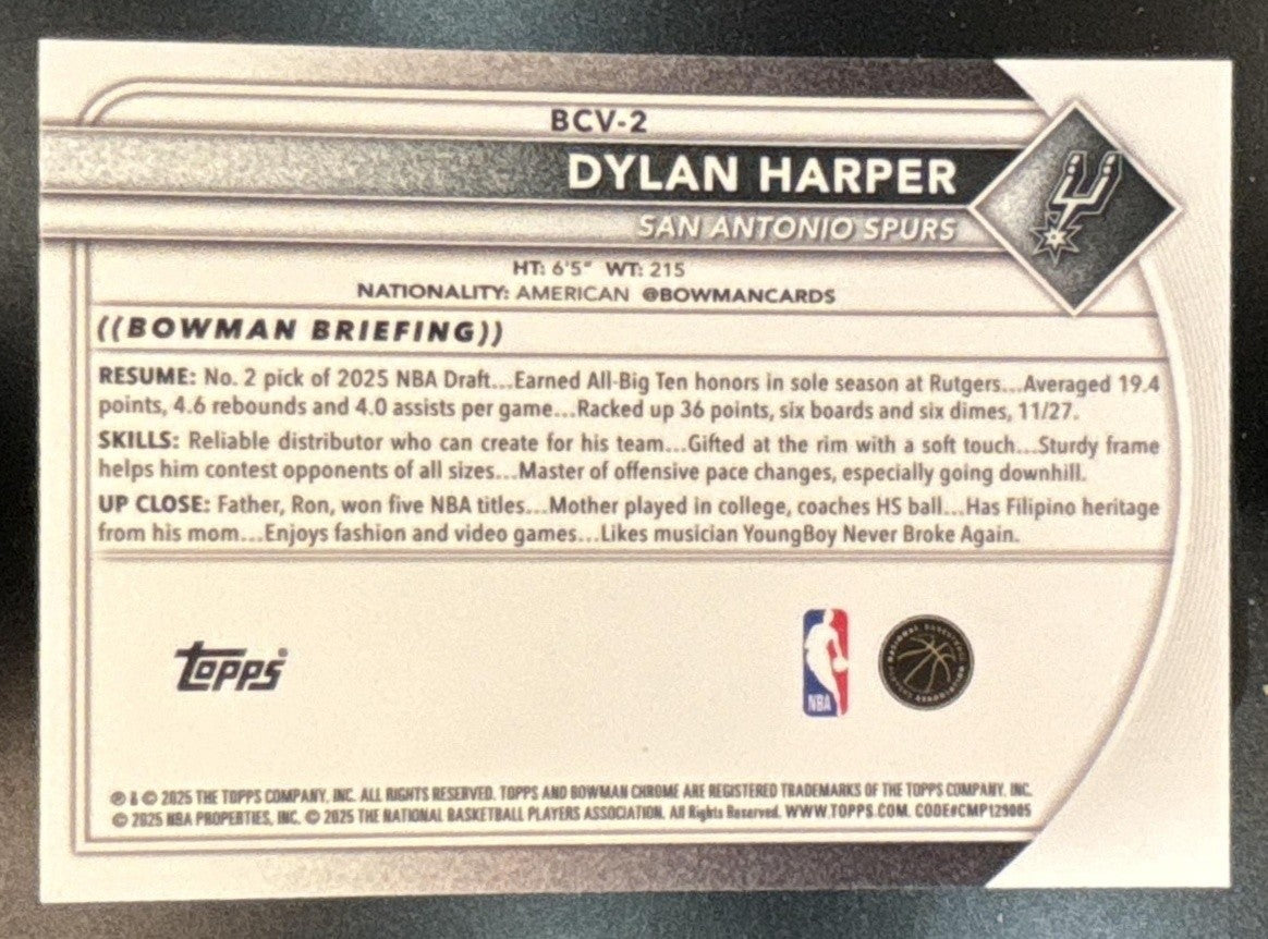 2025-26 Bowman Dylan Harper Chrome Reptilian Refractor RC San Antonio Spurs