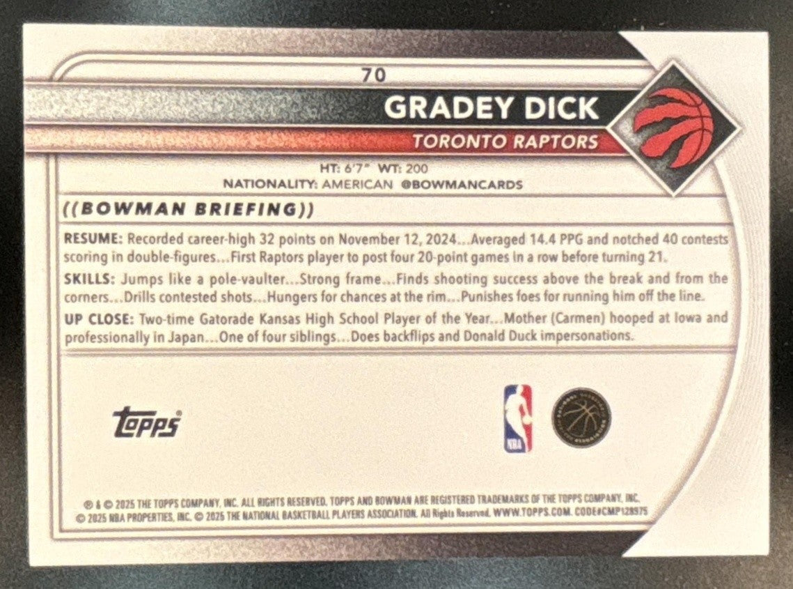 2025-26 Bowman Gradey Dick Yellow Border /75 #70 Toronto Raptors