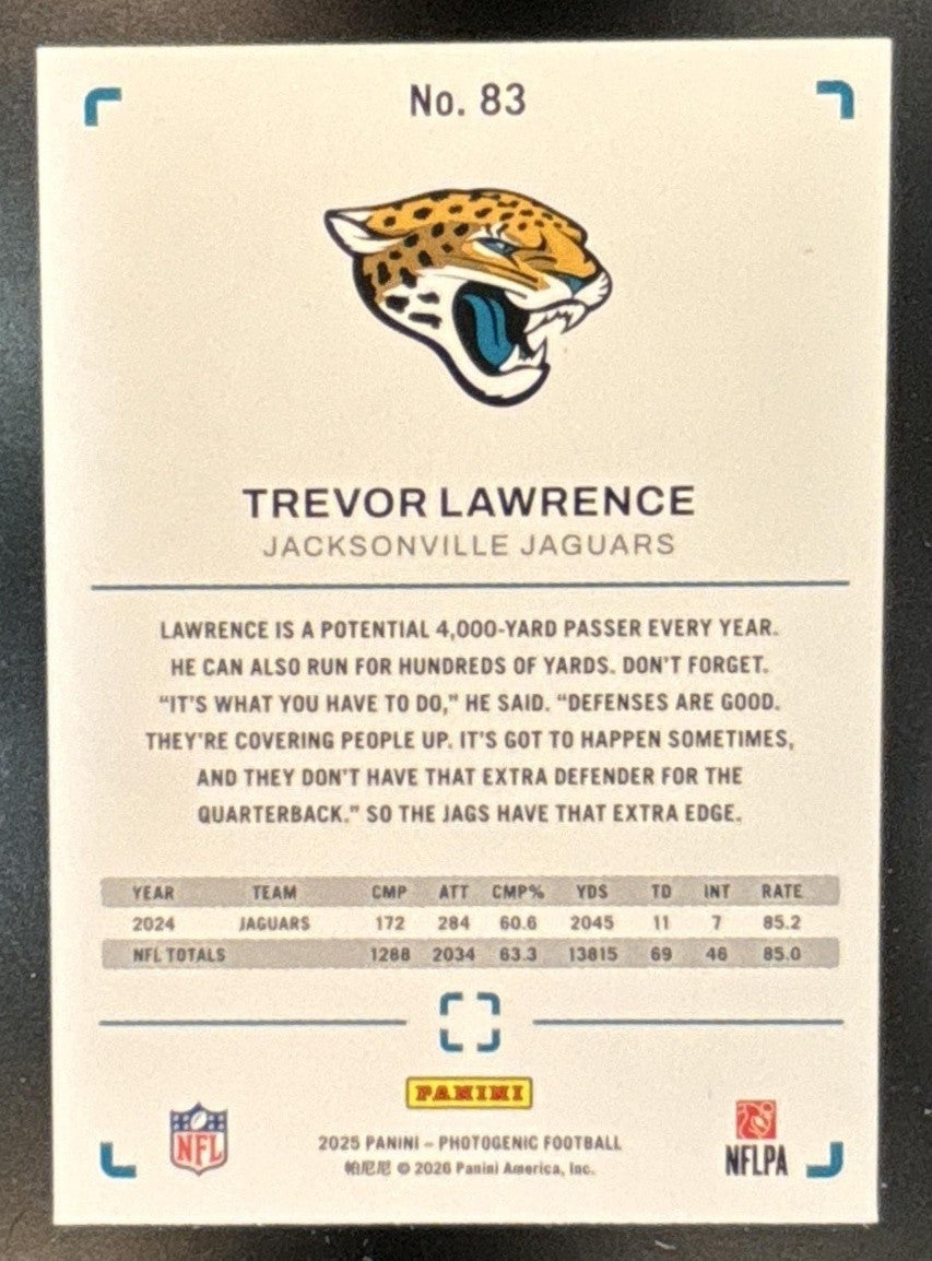 2025 Panini PhotoGenic Trevor Lawrence Green /25 #83 Jacksonville Jaguars