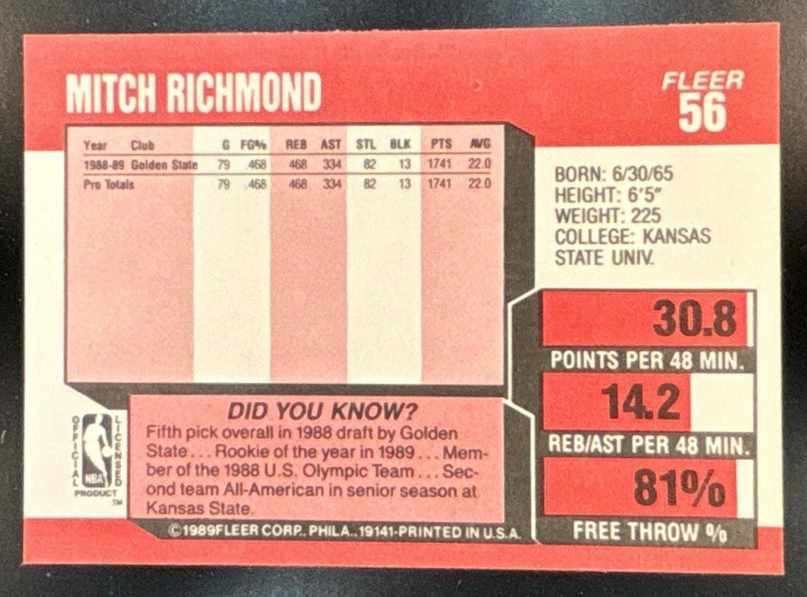 1989-90 Fleer Mitch Richmond #56 RC Golden State Warriors