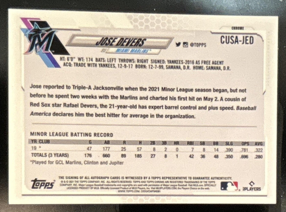 2021 Topps Chrome Update Jose Devers Auto #CUSA-JED RC Miami Marlins
