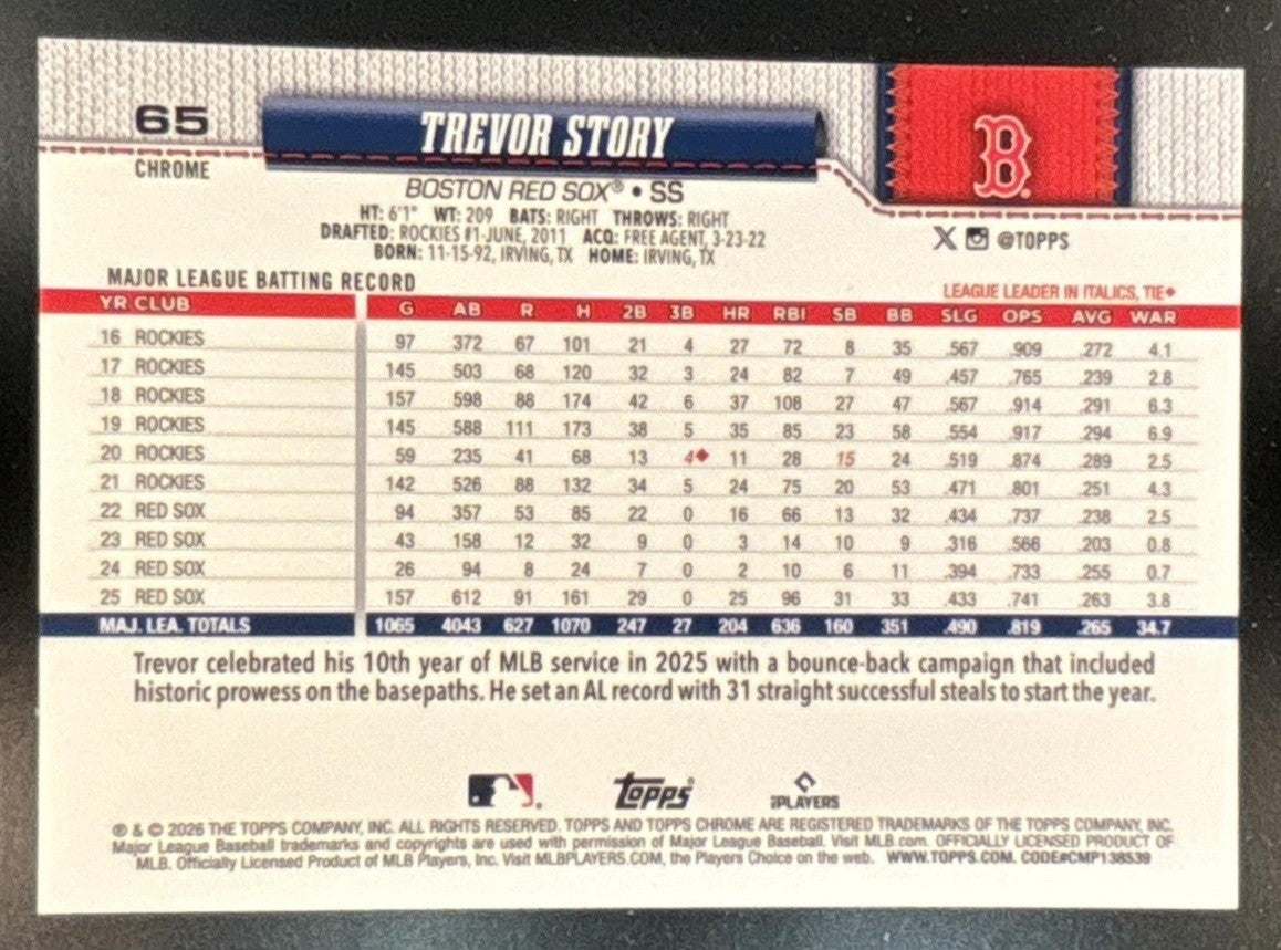 2026 Topps Chrome Trevor Story Pink Refractor /250 #65 Boston Red Sox