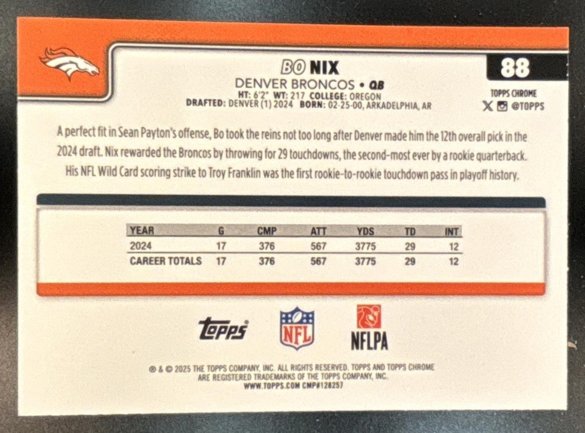 2025 Topps Chrome Bo Nix Purple Wave Refractor /75 #88 Denver Broncos