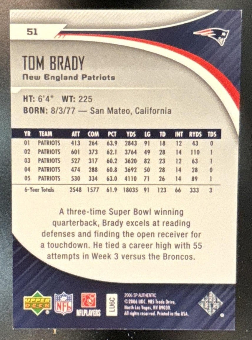 2006 SP Authentic Tom Brady #51 New England Patriots