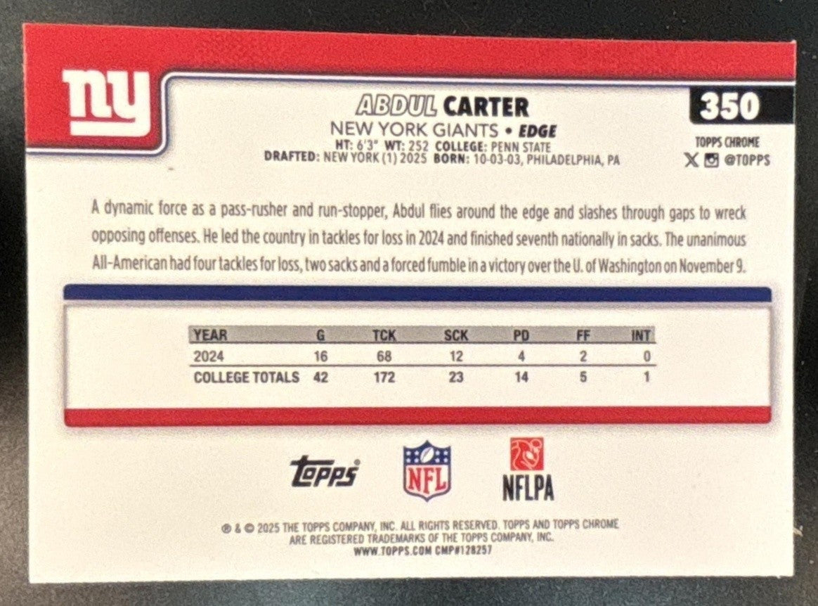 2025 Topps Chrome Abdul Carter Rookie Yellow Wave /275 #350 RC New York Giants