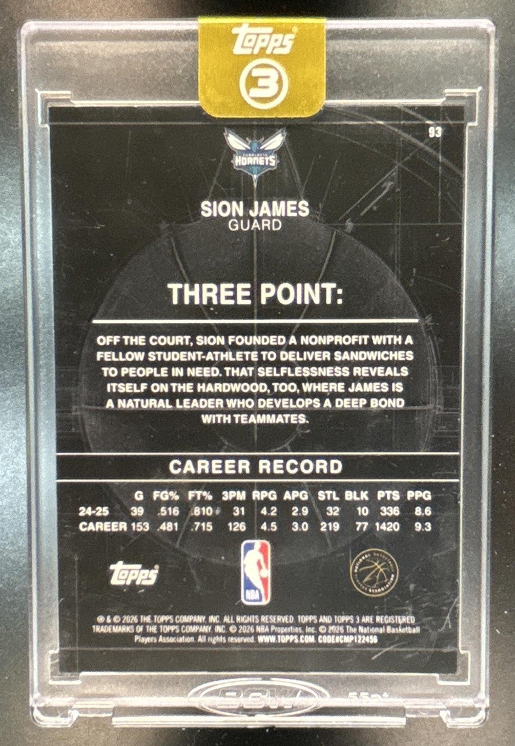 2025-26 Topps Three Sion James /49 #93 RC Charlotte Hornets