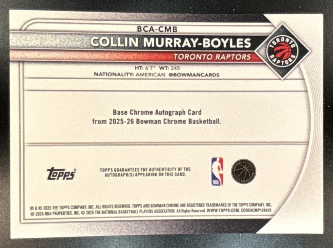 2025-26 Bowman Collin Murray-Boyles Chrome Auto Speckle /299 RC Toronto Raptors