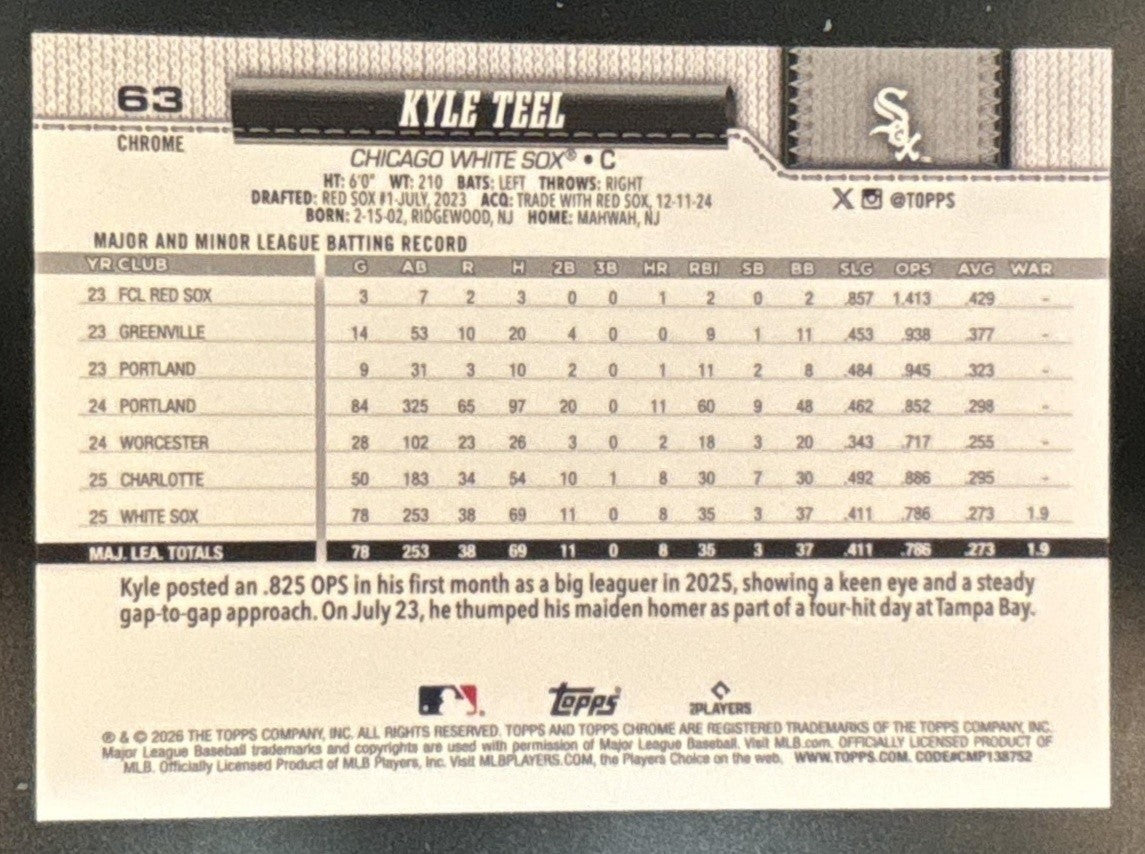 2026 Topps Chrome Kyle Teel Image Variation #63 RC Chicago White Sox