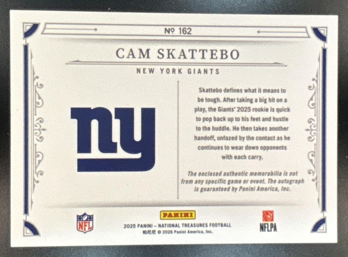 2025 National Treasures Cam Skattebo Rookie Patch Auto /99 #162 MEM RC Giants