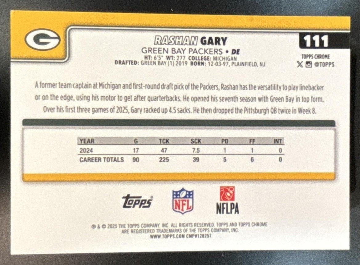 2025 Topps Chrome Sapphire Rashan Gary Black /10 #111 Green Bay Packers
