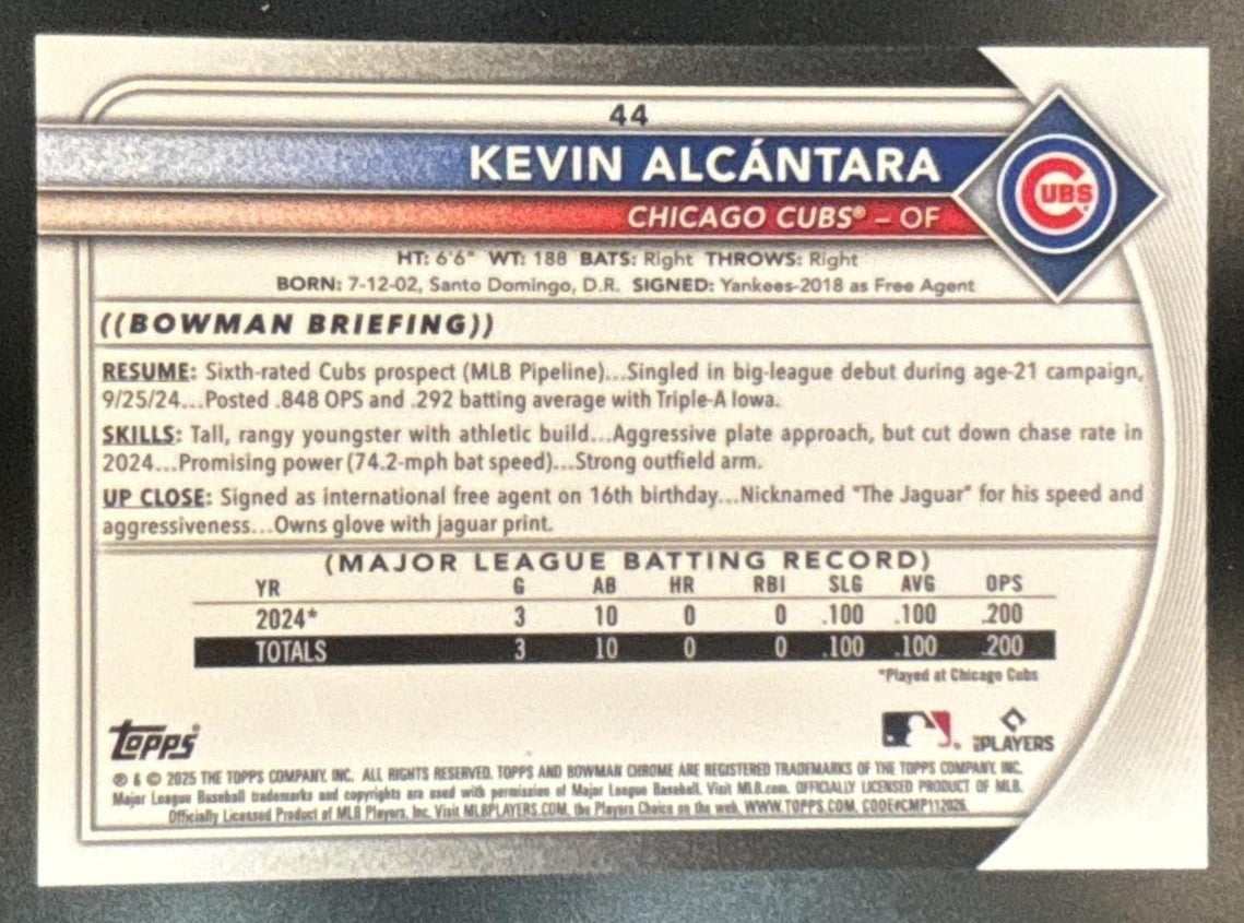 2025 Bowman Chrome Sapphire Kevin Alcantara Black /10 #44 RC Chicago Cubs