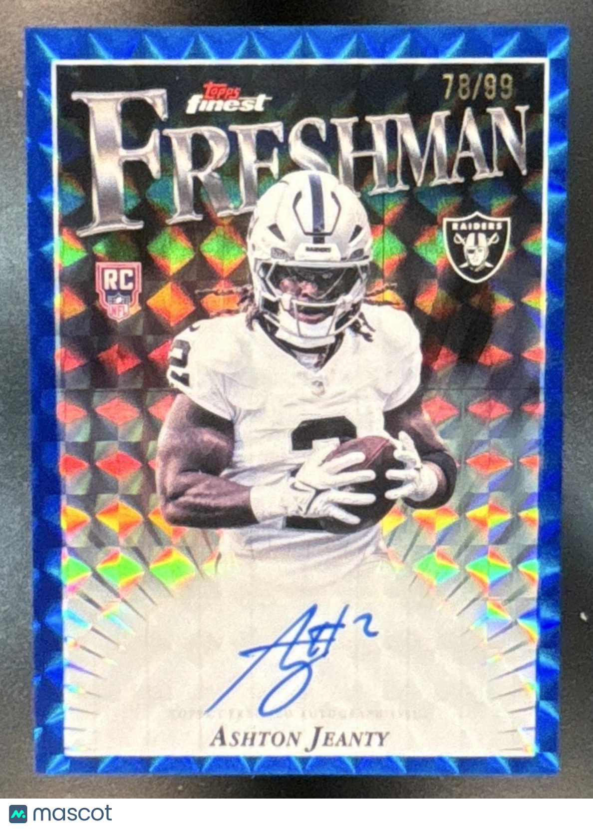 2025 Topps Finest Ashton Jeanty Freshman Auto Blue Geometric /99 RC Raiders