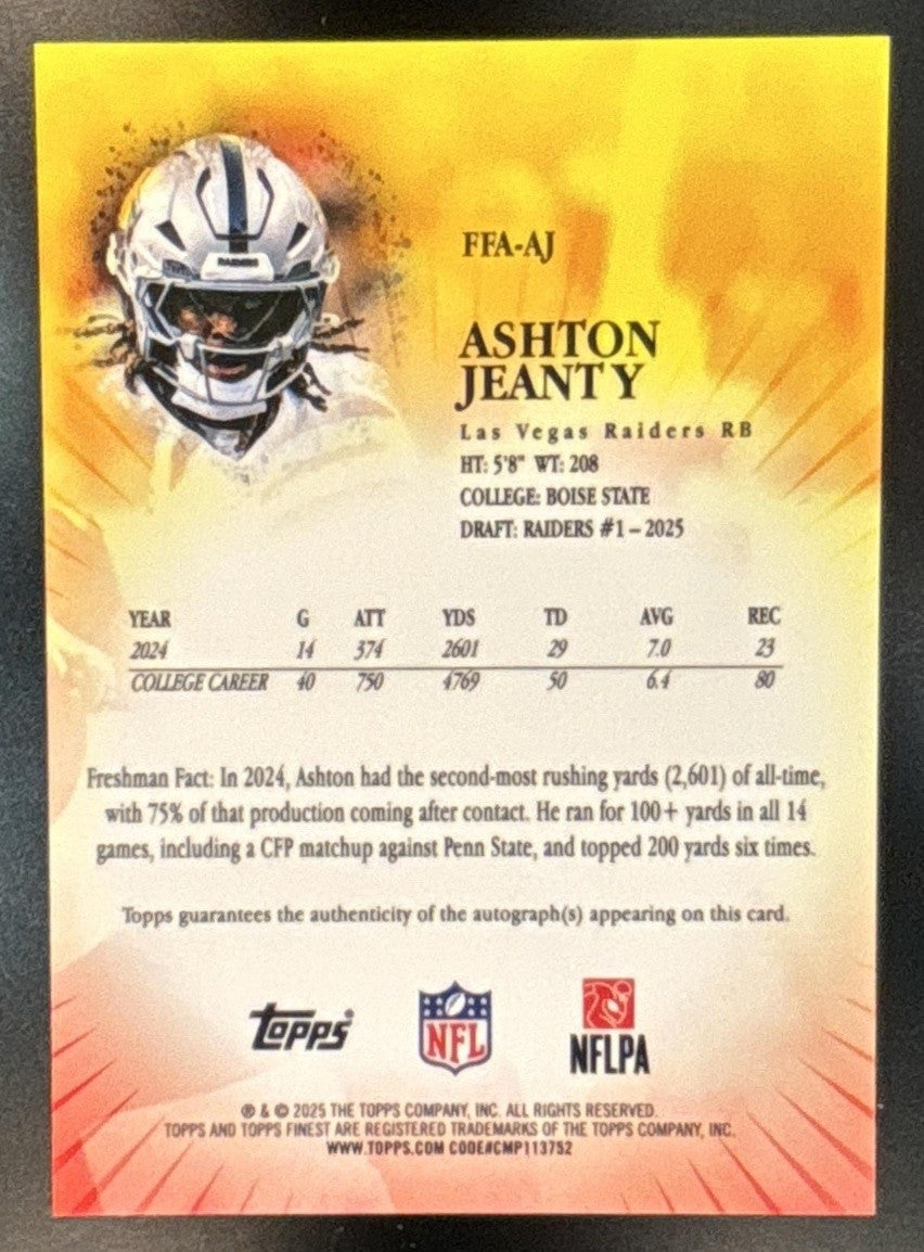 2025 Topps Finest Ashton Jeanty Freshman Auto Blue Geometric /99 RC Raiders