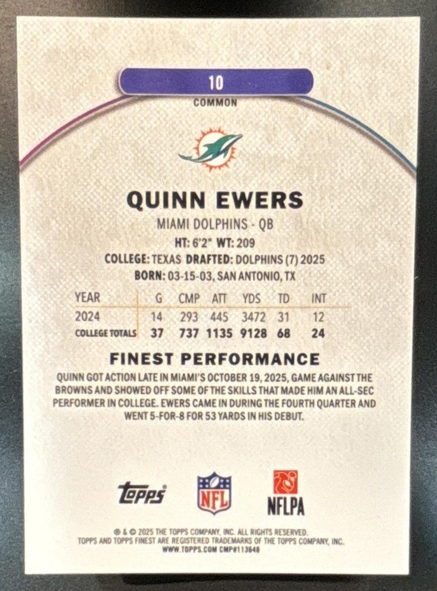 2025 Topps Finest Quinn Ewers Orange Geometric Refractor /25 #10 RC Dolphins