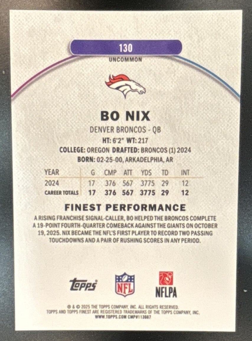 2025 Topps Finest Bo Nix Green Geometric Refractor /35 #130 Denver Broncos
