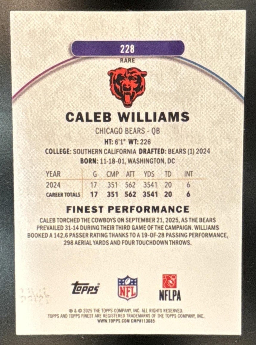 2025 Topps Finest Caleb Williams Blue Refractor /99 #228 Chicago Bears