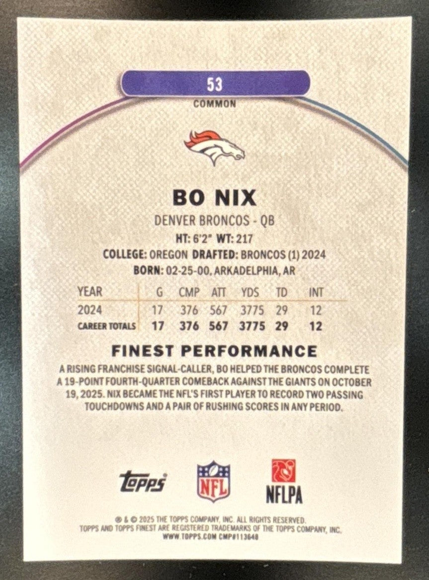 2025 Topps Finest Bo Nix Red Geometric Refractor /10 #53 Denver Broncos