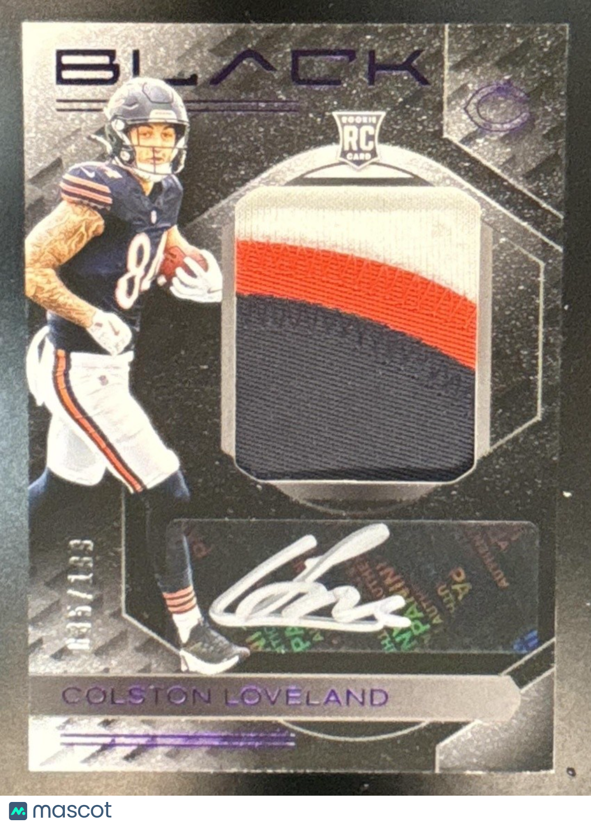 2025 Panini Black Colston Loveland Patch Auto Royal /199 MEM RC Chicago Bears