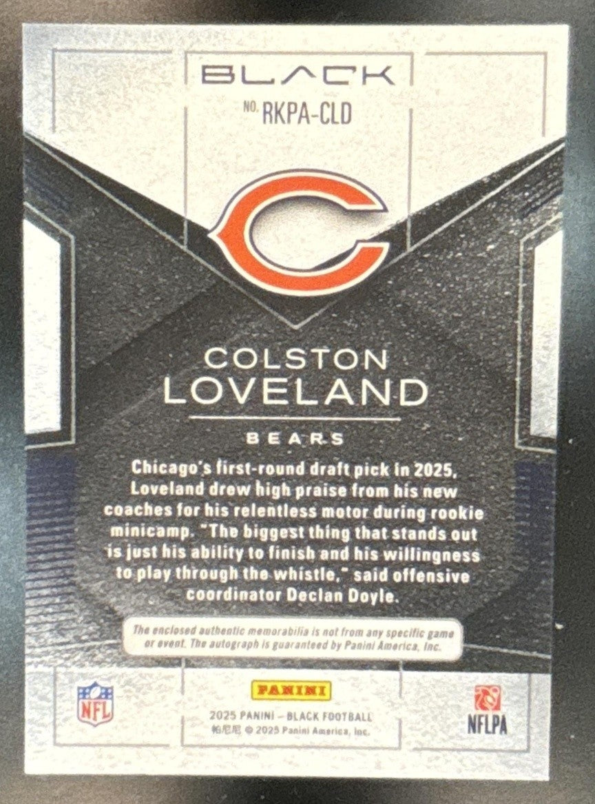 2025 Panini Black Colston Loveland Patch Auto Royal /199 MEM RC Chicago Bears
