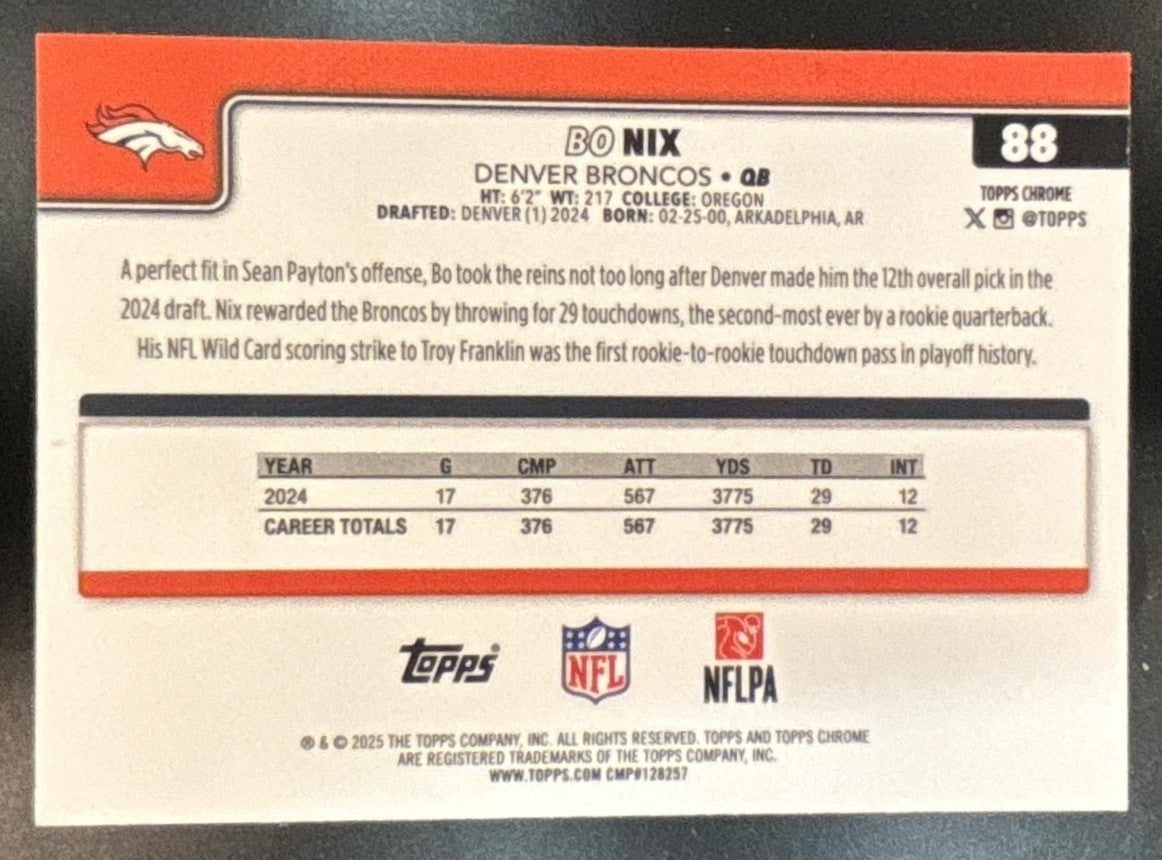2025 Topps Chrome Bo Nix Green Wave Refractor /99 #88 Denver Broncos