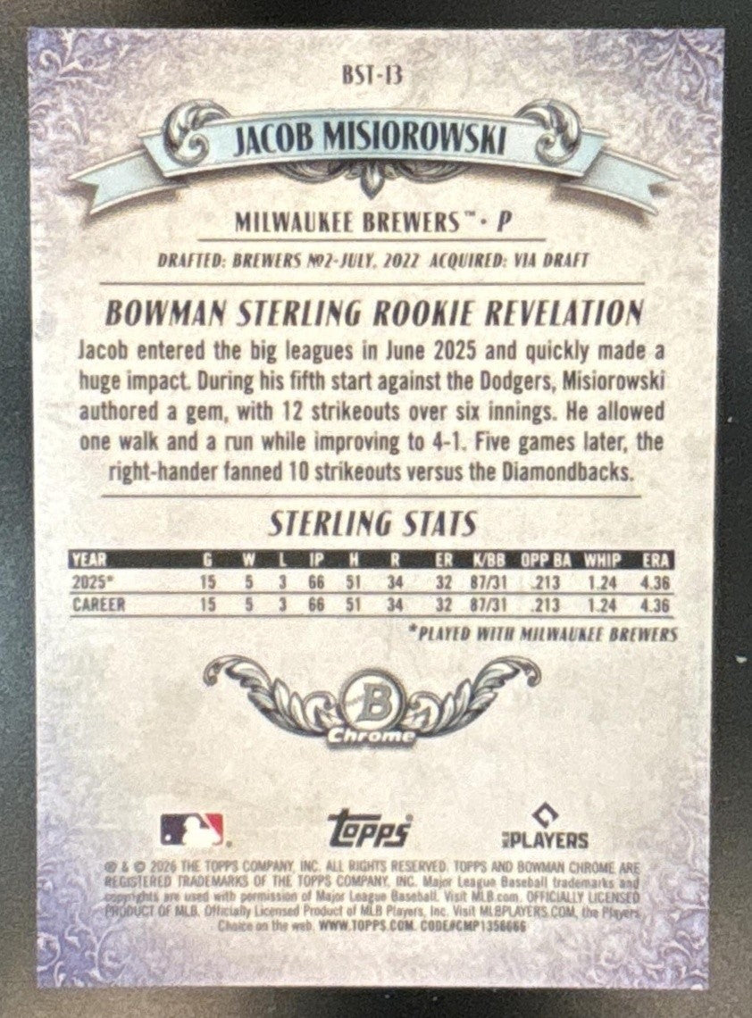 2026 Bowman Mega Box Jacob Misiorowski Sterling Chrome Pink Mojo /199 Brewers