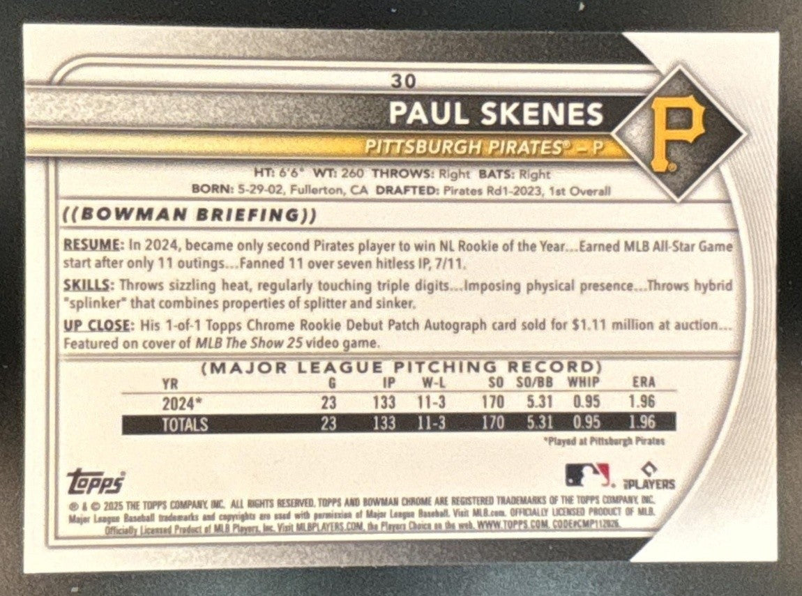 2025 Bowman Chrome Paul Skenes Yellow Refractor /75 #30 Pittsburgh Pirates