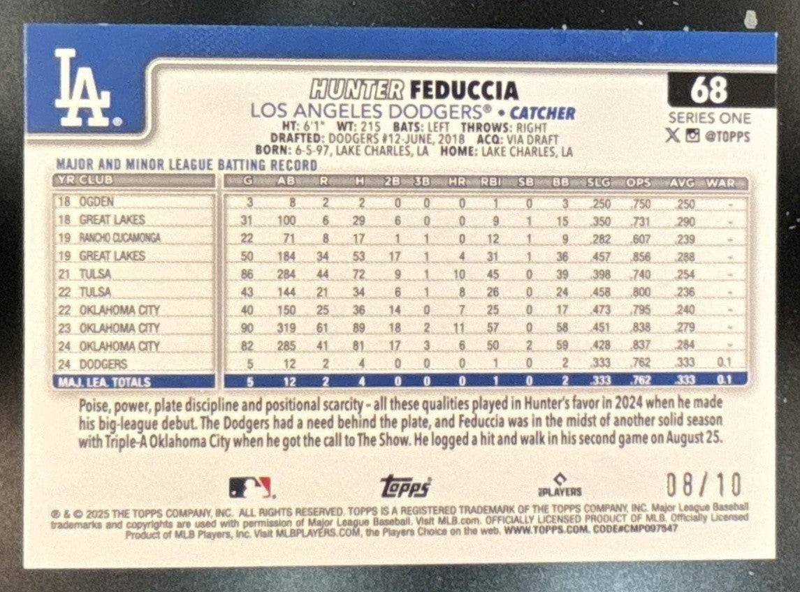 2025 Topps Hunter Feduccia Black Diamante /10 #68 RC Los Angeles Dodgers