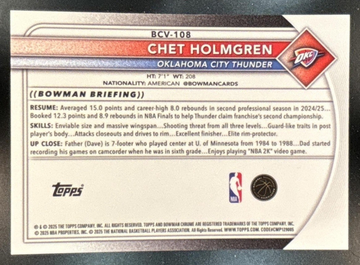2025-26 Bowman Chet Holmgren Chrome Rose Gold Mojo Refractor 1/1 #BCV-108
