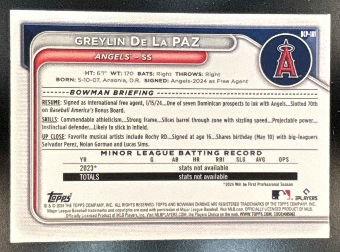 2024 Bowman Chrome Greylin De La Paz Orange Shimmer /25 #BCP-181 1st Prospect