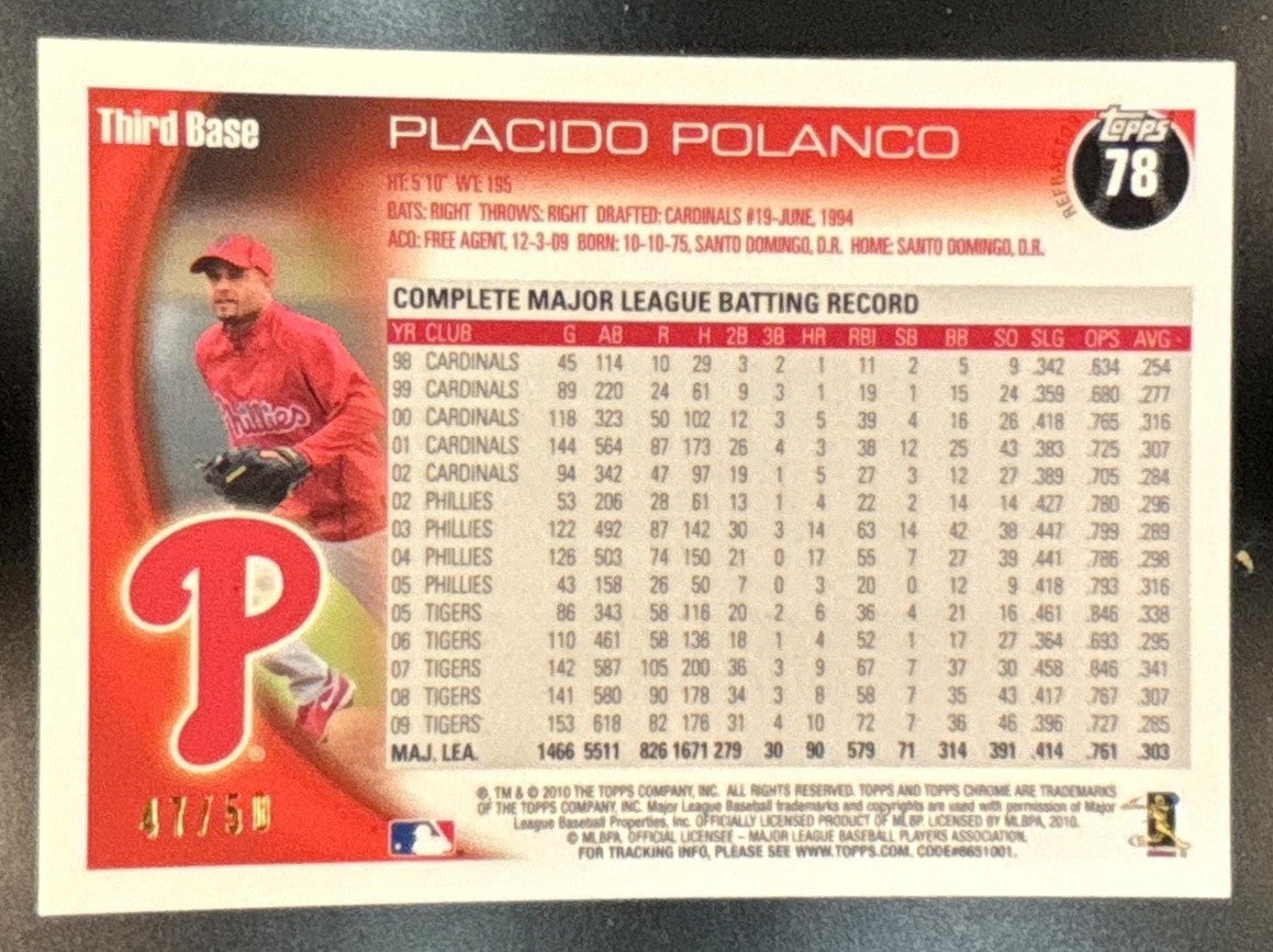 2010 Topps Chrome Placido Polanco Gold Refractor /50 #78 Philadelphia Phillies